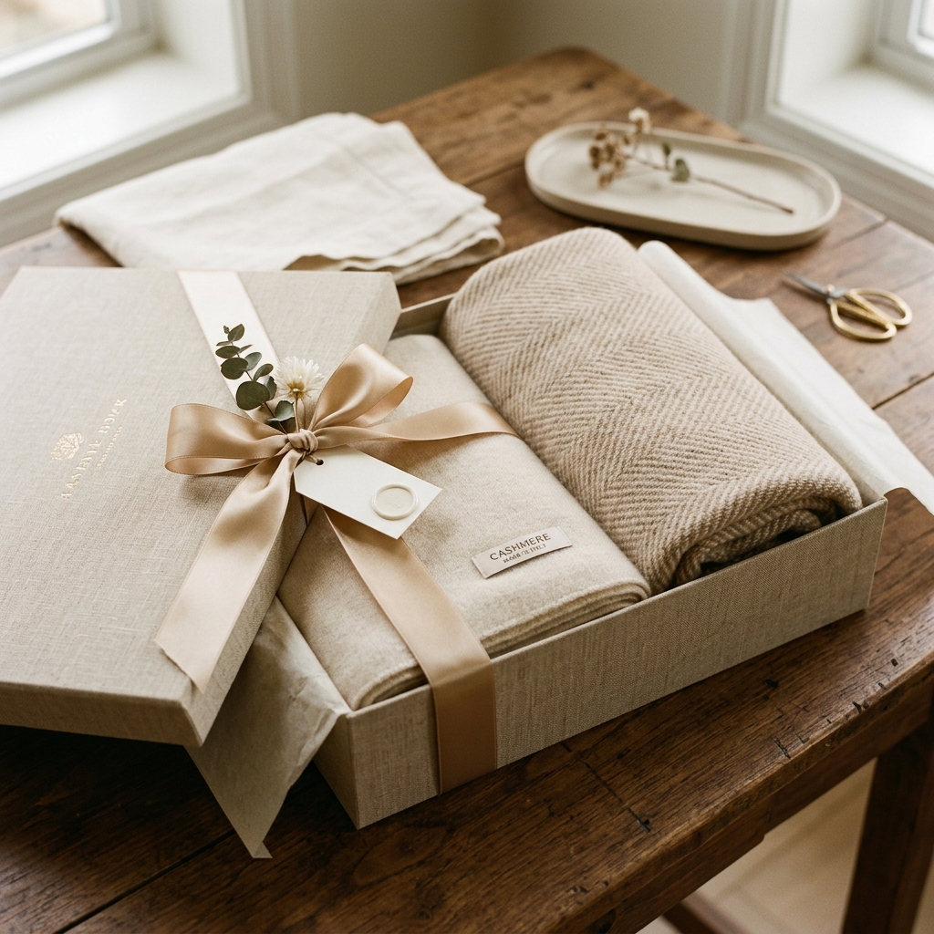 Confezione regalo plaid in cashmere con nastro